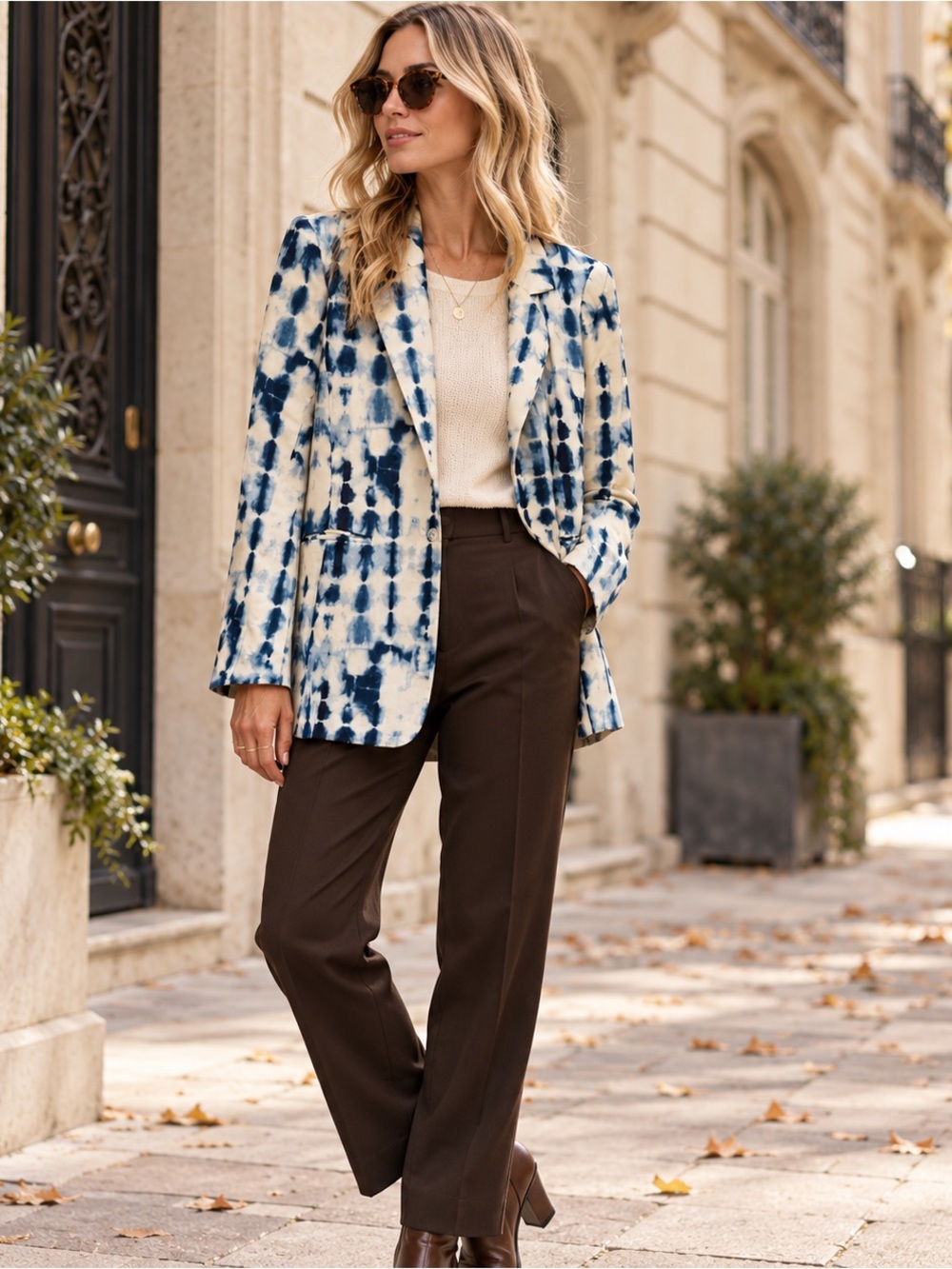 House of Harlow 1960 Cream Indigo Tie-Dye Oversized Blazer NWT Size M